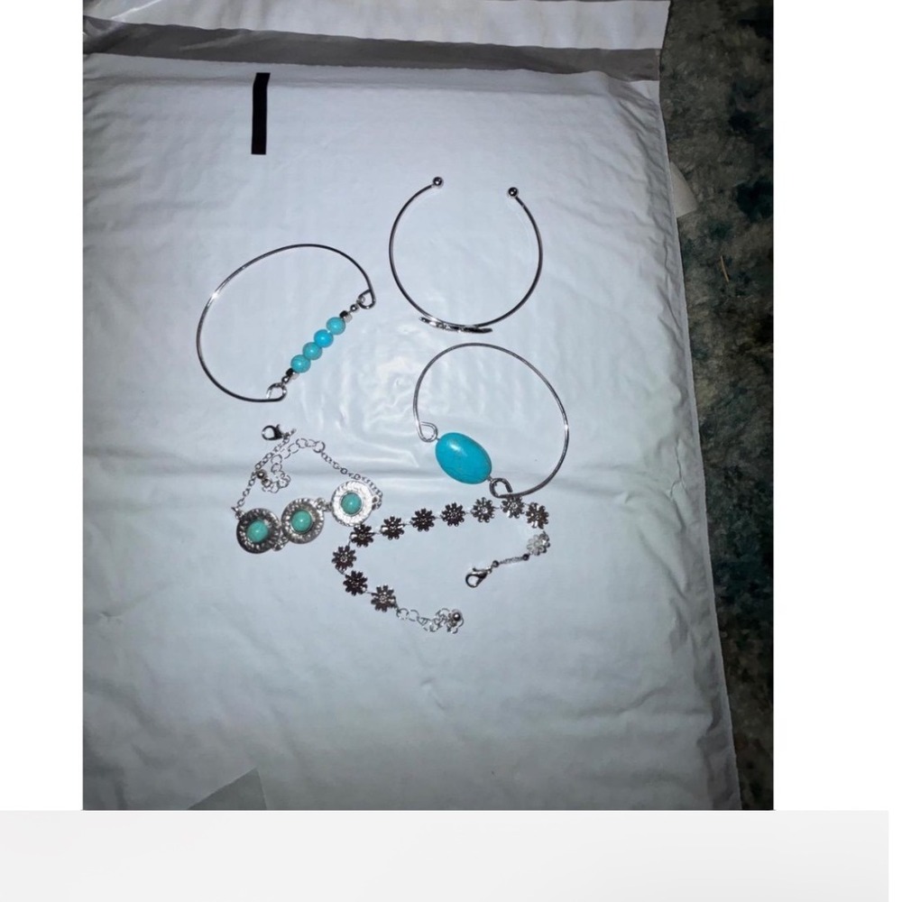 Boho Silver Tone Turquoise Bracelets Necklace Earrings Set Dragonfly Bull Skull